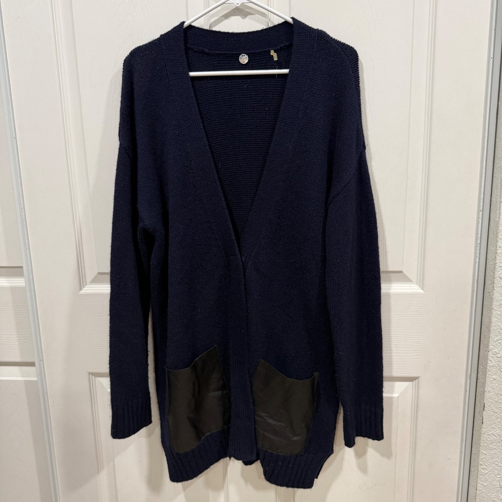 Free People Navy Blue Wool Cashmere Blend Cardigan Faux Leather Pockets Size M